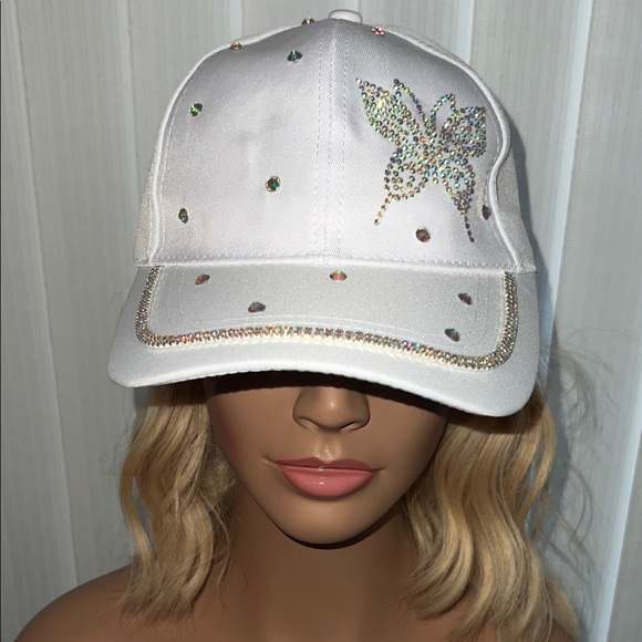 Just Fashion Now Accessories - White Rhinestone Butterfly Cap